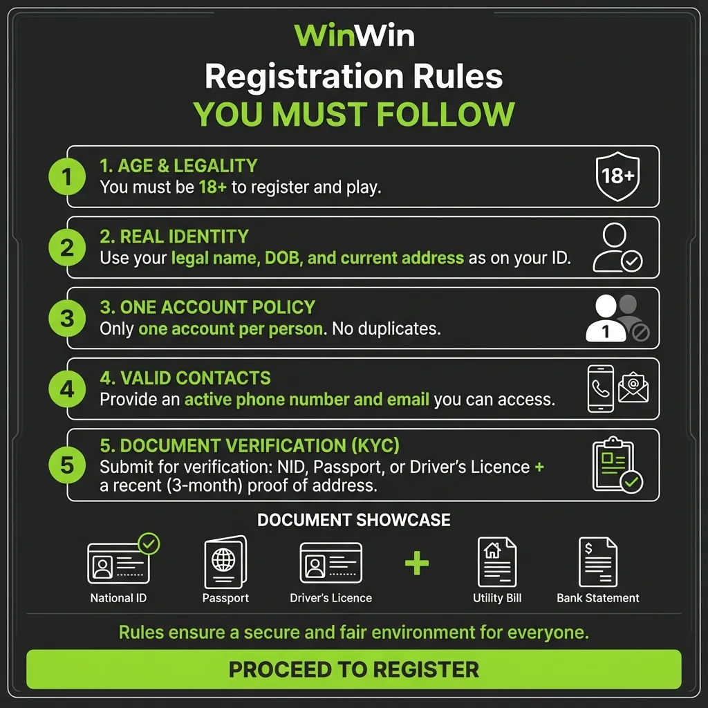WinWin registration rules for Bangladesh players - age, KYC, and account policy