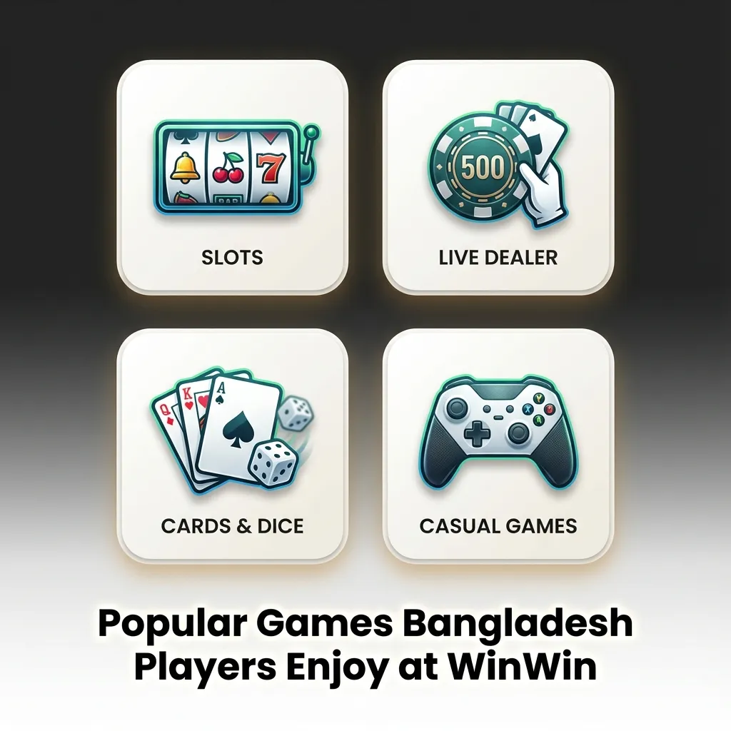 Collage of popular WinWin casino games played in Bangladesh, featuring slots, crash titles, live roulette and card tables