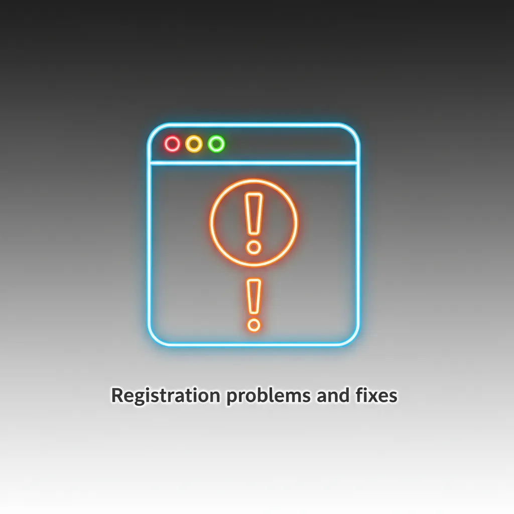 Infographic: Registration issues and fixes—SMS code, email, name-ID mismatch, duplicate accounts, document rejection.